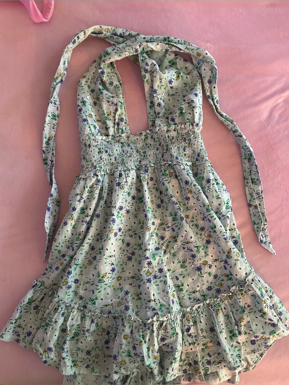 aerie Light Mint Floral Smocked Dress with Purple & Yellow Blooms